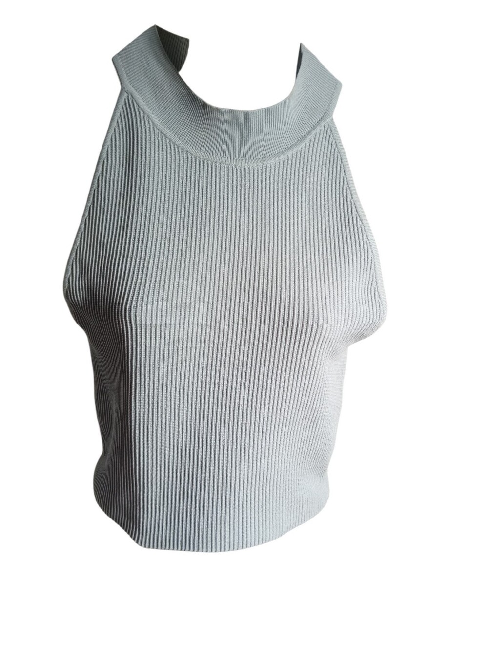 Babaton Blue Ribbed Knit Sleeveless High Neck Tank Top Minimalist Chic Size M - Picture 2 of 8